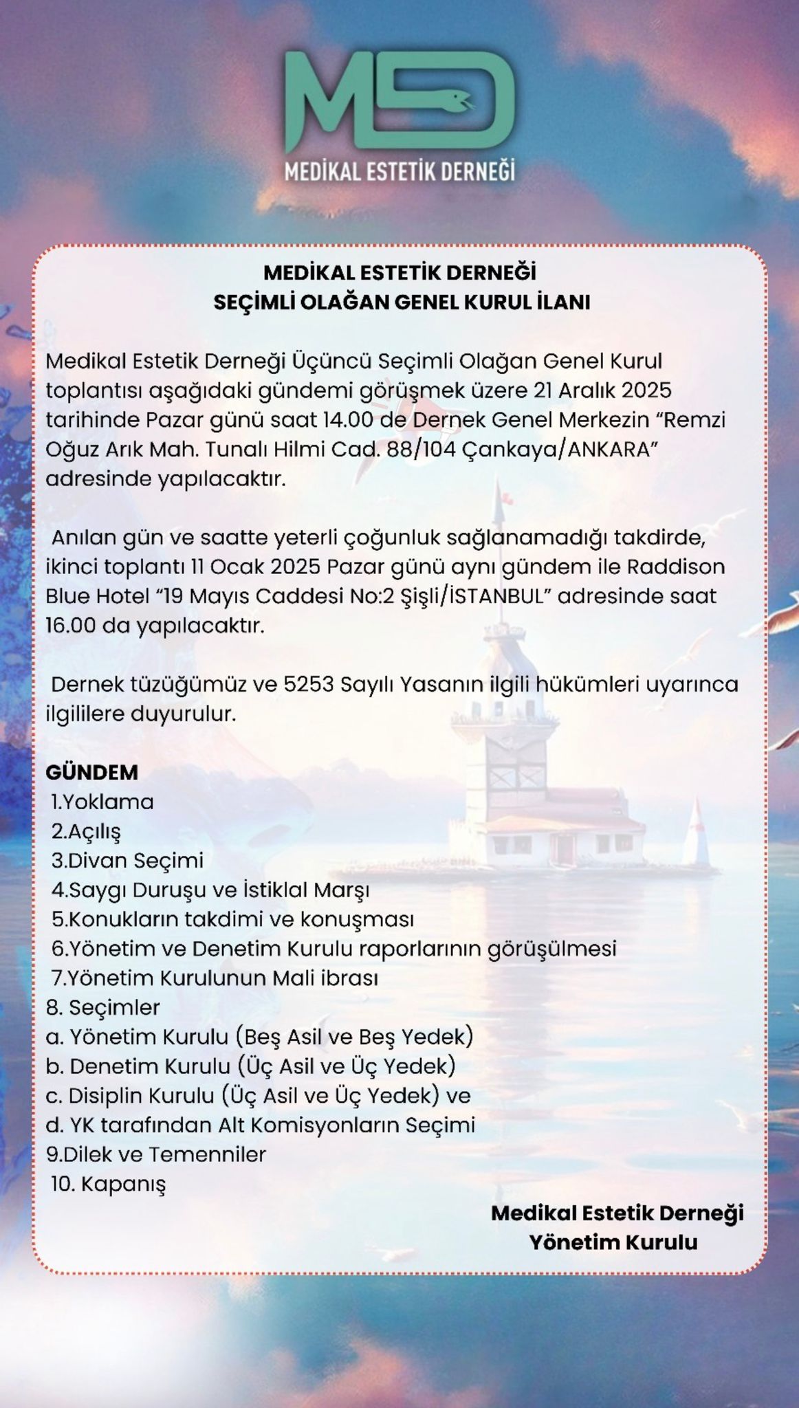 Medikal Estetik Derneği Seçimli Olağan Genel Kurul İlanı